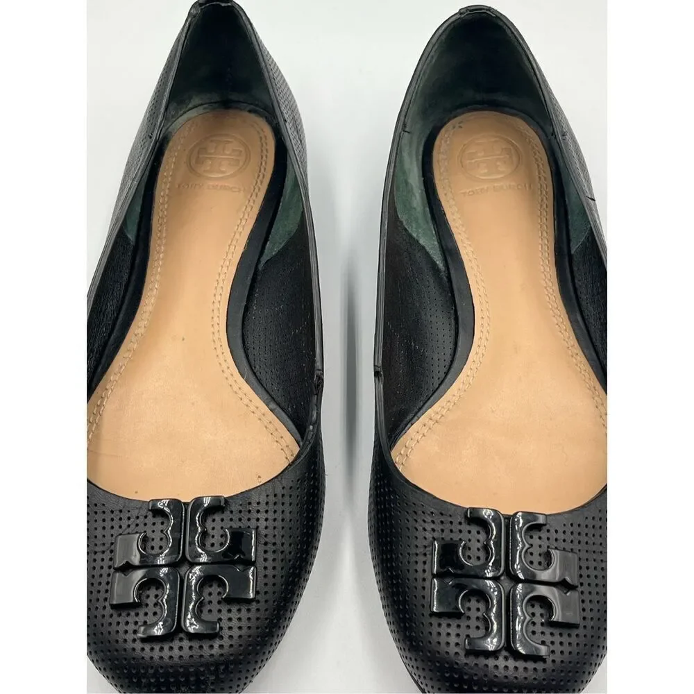 Tory Burch Lowell 2 Perforated Black Leather Ballerina Ballet Flat w Logo Size 7